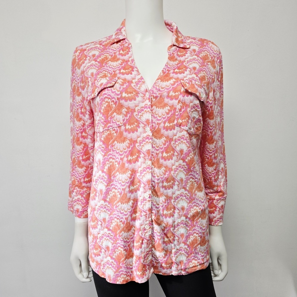 J McLaughlin Size L Blouse Top Shirt Printed Button Front 3/4 Sleeve Linen Blend